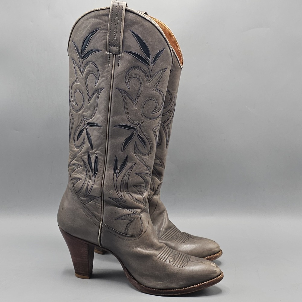 VTG Dan Post Womens Cowboy Boots Sz 7.5M Spanish Collection Grey Leather Western